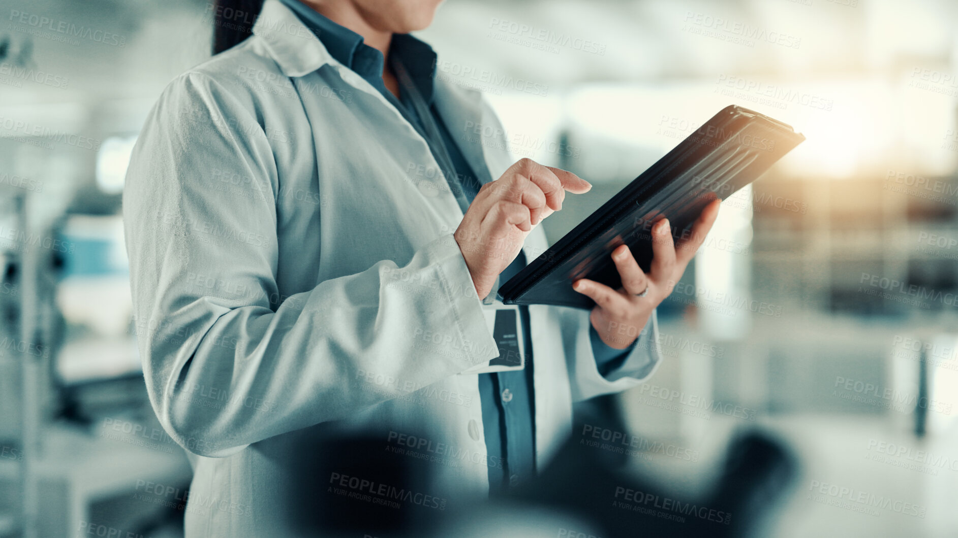 Buy stock photo Hands, woman and scientist on tablet in lab for medical research, gene function and experiment. Person, digital and gmo editing for cell study, review report and virus information for vaccine results
