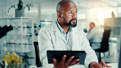 Buy stock photo Science, lab and man on tablet for medical research, vaccine report and medicine with plant sample. Healthcare, pharmaceutical and scientist on tech for study, medicinal analysis and digital results