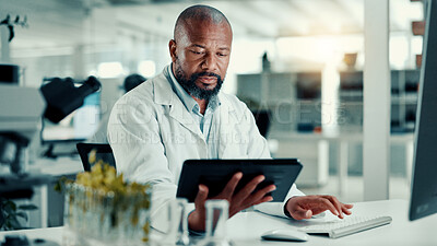 Buy stock photo Science, laboratory and man on tablet with plant sample for medical research, vaccine report and medicine. Healthcare, chemistry and scientist on tech for study, medicinal analysis or digital results