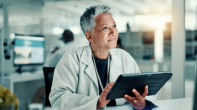 Buy stock photo Science, happy and woman on tablet in lab with sample for medical research, vaccine report and medicine. Healthcare, pharmaceutical and scientist on tech for study, medicinal analysis and results