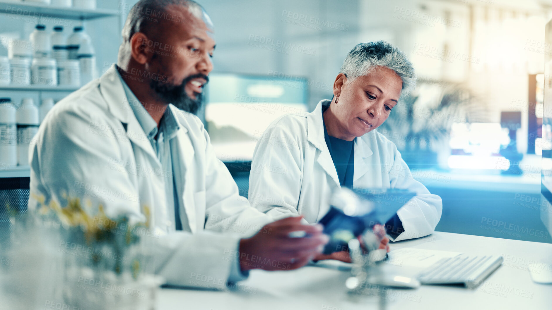 Buy stock photo Science, plant and tablet with people in laboratory for biotechnology research, medical and growth. Collaboration, climate change analyst and environment study with scientist for teamwork and online