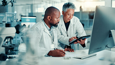 Buy stock photo Collaboration, scientists and team with tablet, lab or discussion for medical research for analysis. Healthcare, science and mature people with tech for biotechnology, breakthrough and communication