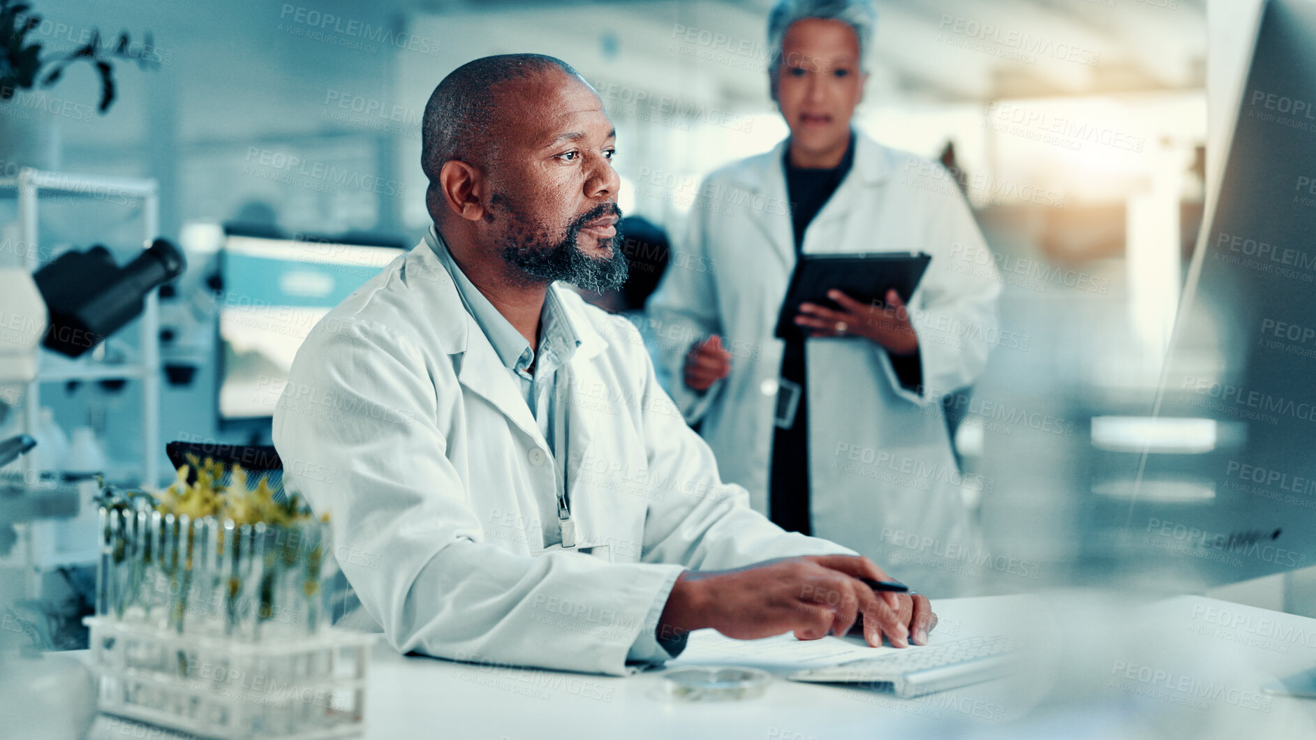 Buy stock photo Computer, healthcare and science with black man in laboratory for online development or research. Innovation, medical and typing with scientist at desk for breakthrough, clinical trial or experiment