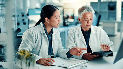 Buy stock photo Scientist team, tablet or research in laboratory for medical innovation, plant science or results. Biotechnology, women and discussion with vaccine report for sustainable medicine and online review