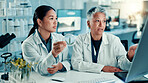 Scientist, women and cannabis in petri dish with talking with computer, study or sample at pharma lab. Person, medical marijuana and leaf in container for research, point and feedback with science