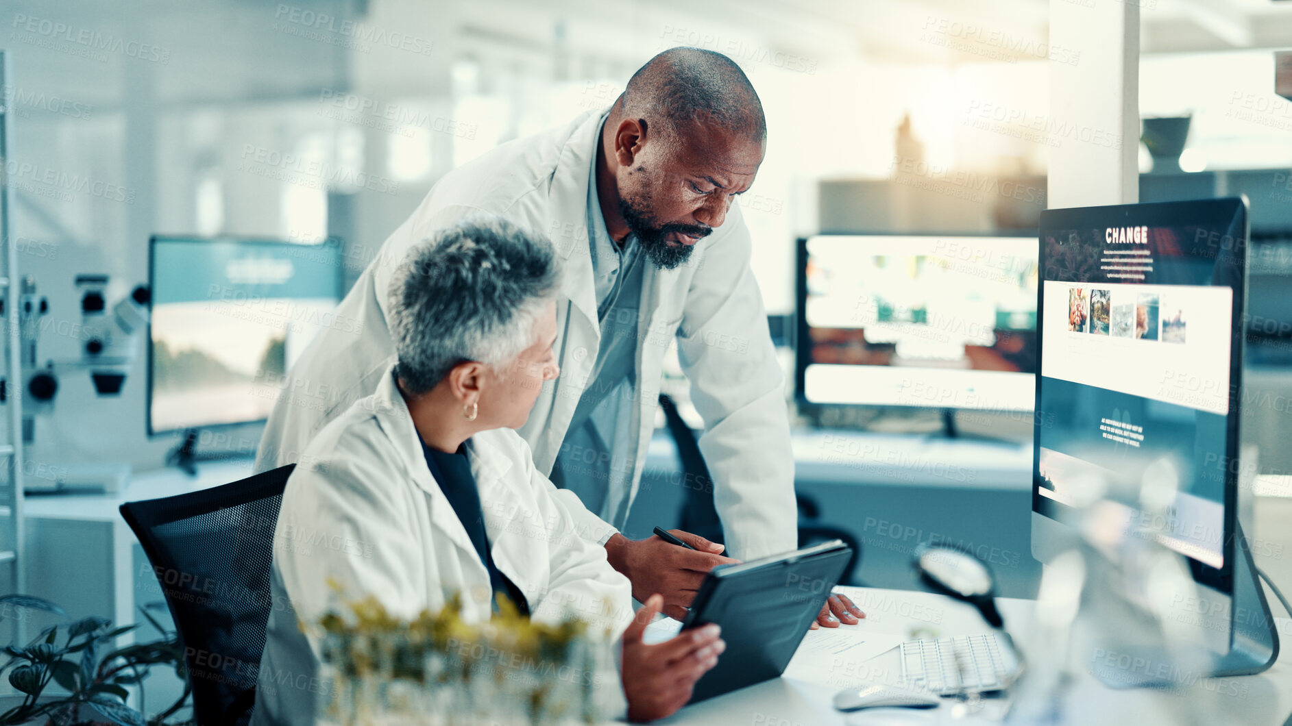 Buy stock photo Research, plant and tablet with people in laboratory for biotechnology science, medical and growth. Collaboration, climate change analyst and environment study with scientist for teamwork and online