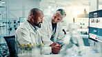 Teamwork, plant and tablet with people in laboratory for biotechnology science, medical and growth. Collaboration, climate change analyst and environment study with scientist for research and online