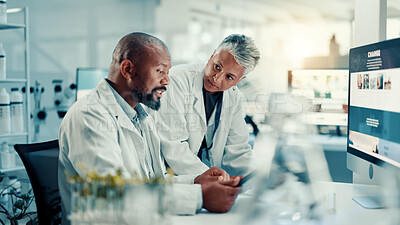 Buy stock photo Teamwork, plant and tablet with people in laboratory for biotechnology science, medical and growth. Collaboration, climate change analyst and environment study with scientist for research and online