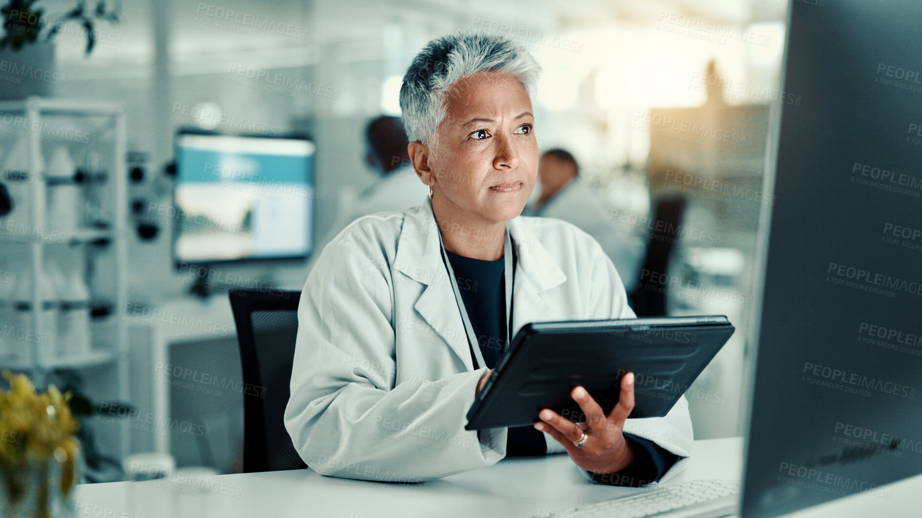Buy stock photo Science, lab and mature woman on tablet for medical research, vaccine report and medicine. Healthcare, pharmaceutical and scientist on tech for study, analysis and digital results for experiment