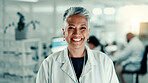 Portrait, science and woman with research, smile and experiment with career ambition. Mature person, scientist and researcher in lab, confidence and results for test, biotech expert and specialist