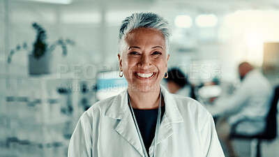 Buy stock photo Portrait, science and woman with research, smile and experiment with career ambition. Mature person, scientist and researcher in lab, confidence and medical with biotechnology expert and specialist
