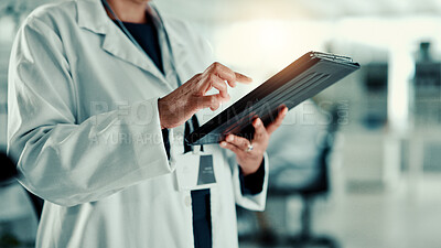 Buy stock photo Hands, person and scroll on tablet in lab for medical research, genes function and experiment. Digital, typing and GMO editing for cells study, review report and virus information for vaccine results