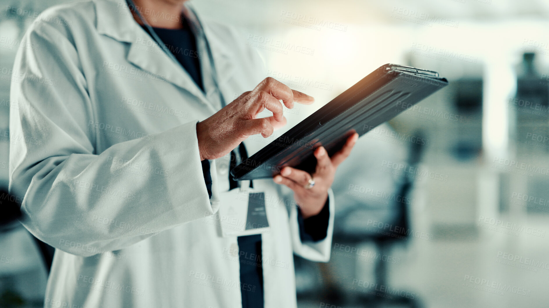 Buy stock photo Hands, person and scroll on tablet in lab for medical research, genes function and experiment. Digital, typing and GMO editing for cells study, review report and virus information for vaccine results