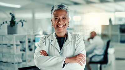 Buy stock photo Crossed arms, mature woman and portrait of scientist in laboratory with confidence for medical career. Happy, science and professional female microbiologist with pride for pharmaceutical innovation.