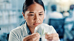 Weed, petri dish and science with woman in laboratory for drug development, medical or cbd research. Cannabis leaf study, marijuana sample and thc therapy with person for hemp herb and healthcare