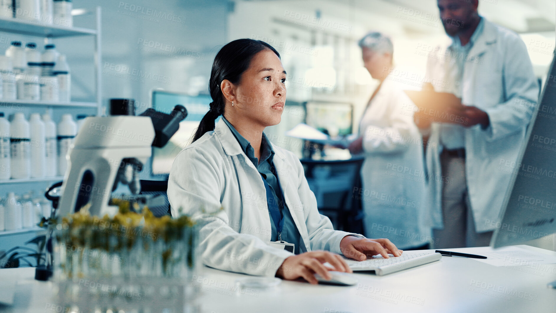 Buy stock photo Computer, medical and science with woman in laboratory for online development or research. Biology, healthcare and innovation with scientist at desk for breakthrough, clinical trial or experiment