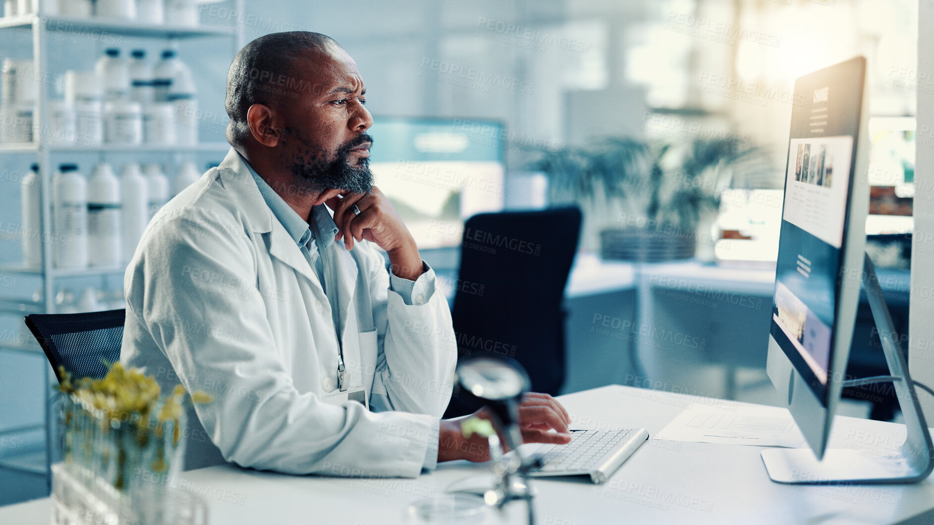 Buy stock photo Computer screen, science and thinking with black man in laboratory for development or research. Healthcare, innovation and problem solving with scientist at desk for breakthrough or online solution
