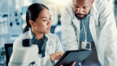 Buy stock photo Science, team and research on tablet in lab for medical innovation, vaccine report and experiment. Scientist, people and digital app for chemistry results, pharmaceutical development and discussion
