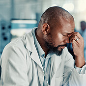 Man, headache and stress at lab for science, study and burnout with ...