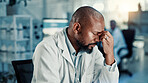 Man, headache and stress at lab for science, study and burnout with project for medical research. Mature person, migraine and pain with fatigue, exhausted or tired with pharma development for vaccine