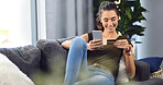 Home, woman and smartphone with credit card for online shopping, banking app and password on sofa. House, female person and smile with mobile for debit pin, ecommerce and payment on couch in lounge