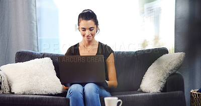 Buy stock photo Sofa, woman and smile with laptop for freelancer, online information and blog editing for website. Home, female person and content writer with technology for remote work, article research and typing