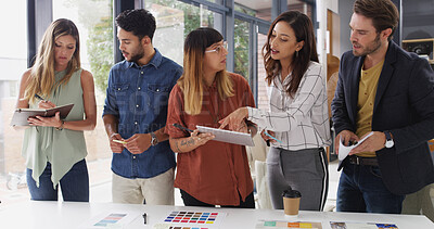 Buy stock photo Business people, teamwork and tablet with planning, creative project and brainstorming with app. Group, employees and graphic designers in office, cooperation and tech with color for proposal or talk