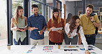 Business people, teamwork and tablet with planning, creative company and brainstorming. Group, employees and graphic designers with cooperation, solution and tech with color for proposal or feedback