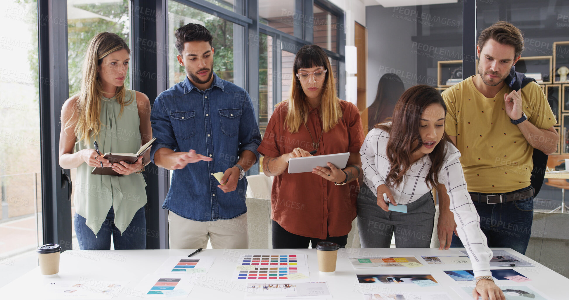 Buy stock photo Business people, teamwork and tablet with planning, creative company and brainstorming. Group, employees and graphic designers with cooperation, solution and tech with color for proposal or feedback