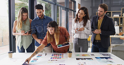 Buy stock photo Business people, feedback and tablet with brainstorming, creative project and cooperation with app. Group, employees and graphic designers in office, review and tech with color for proposal or ideas