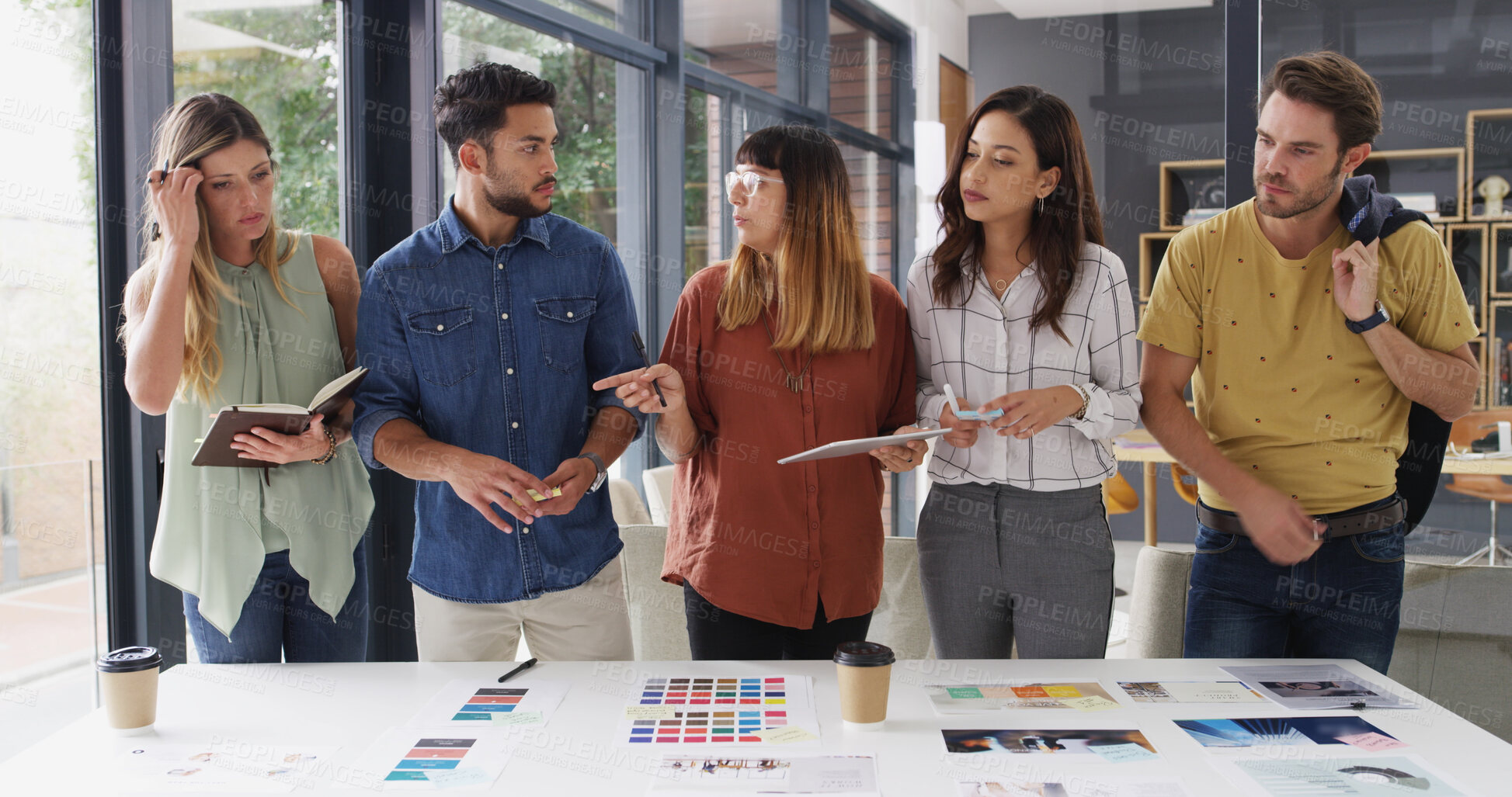 Buy stock photo Meeting, color swatches and business people in office with creative project for magazine publishing. Discussion, teamwork and group of designers with documents for ideas, planning or collaboration.