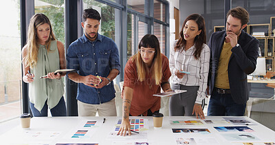 Buy stock photo Team, creative business people and discussion with paper for brand strategist with tablet. Group, manager or collaboration in startup office for planning, brainstorming or idea for ad campaign design