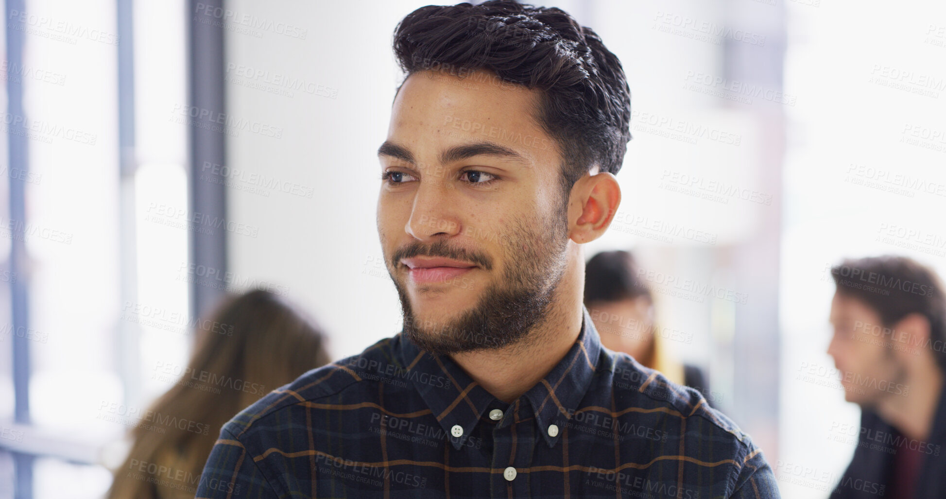 Buy stock photo Thinking, employee and man with smile, meeting or ideas for marketing strategy, group and boardroom. Happy, brand strategist and person with team for ad campaign, collaboration and project in office