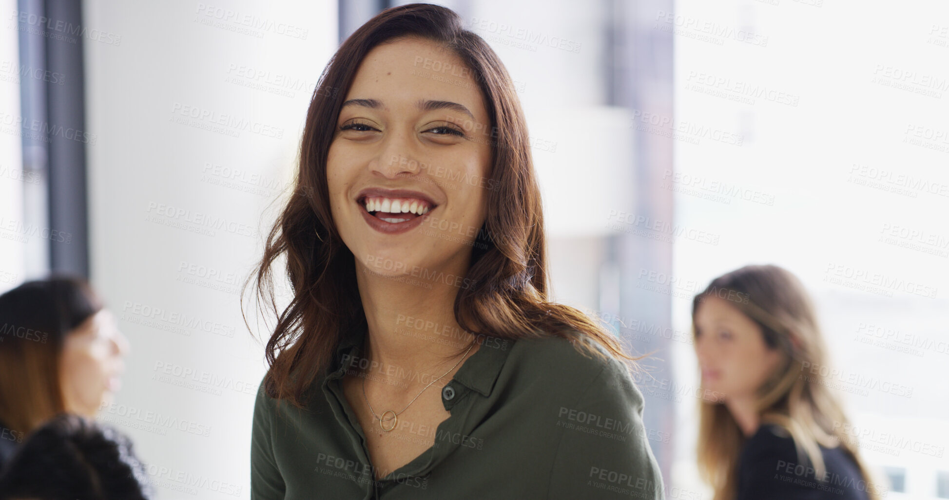 Buy stock photo Employee, laugh or woman in boardroom with portrait, group or public relations agency. Office, media manager and happy publicist in meeting for brand awareness, campaign and corporate project