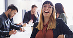 Portrait, business and woman laugh in boardroom for career pride, publicist and funny joke in meeting. Smile, manager and media relations for press coverage, brand awareness and teamwork for campaign