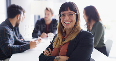 Buy stock photo Portrait, worker or happy woman in boardroom with arms crossed, group or public relations agency. Business, media manager and confident publicist in meeting for brand awareness, campaign and project