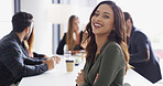 Portrait, laugh or happy woman in meeting with confidence, group and negotiation in office. Funny, smile and proud lawyer in business meeting for private practice, legal career and corporate justice
