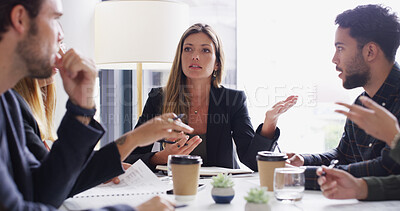Buy stock photo Legal, company or woman in meeting with teamwork, group and negotiation in boardroom. Documents, collaboration and attorney in business office for private practice, discussion and corporate justice 