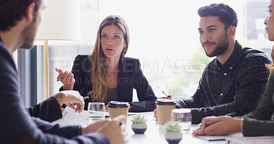 Buy stock photo Legal, discussion or woman in meeting with teamwork, group and negotiation in boardroom. Documents, people and attorney in business office for private practice, collaboration and corporate justice 
