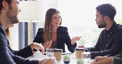 Buy stock photo Legal, talk or happy people in meeting with teamwork, group and negotiation in boardroom. Documents, woman and attorney in business office for private practice, collaboration and corporate justice