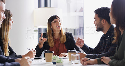 Buy stock photo Business, people and meeting with discussion in boardroom for press release, planning or ideas. Media agency, publicist or journalists with proposal for brand management, public relations or strategy