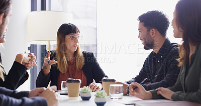 Buy stock photo Business, people and planning with discussion in boardroom for press release, strategy or ideas. Creative agency, publicist or teamwork with meeting for brand management, public relations or proposal