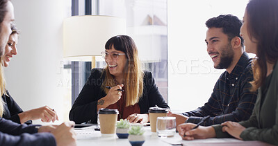 Buy stock photo Laugh, joke or happy woman in meeting with teamwork, group and legal negotiation in boardroom. Funny, business people and attorney in office for private practice, collaboration and corporate justice