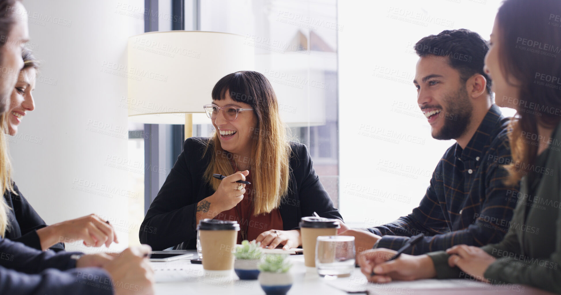 Buy stock photo Laugh, joke or happy woman in meeting with teamwork, group and legal negotiation in boardroom. Funny, business people and attorney in office for private practice, collaboration and corporate justice