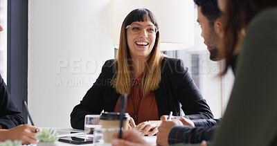 Buy stock photo Funny, joke or happy woman in meeting with team, group and legal negotiation in law boardroom. Laugh, business people and attorney in office for private practice, collaboration and corporate justice