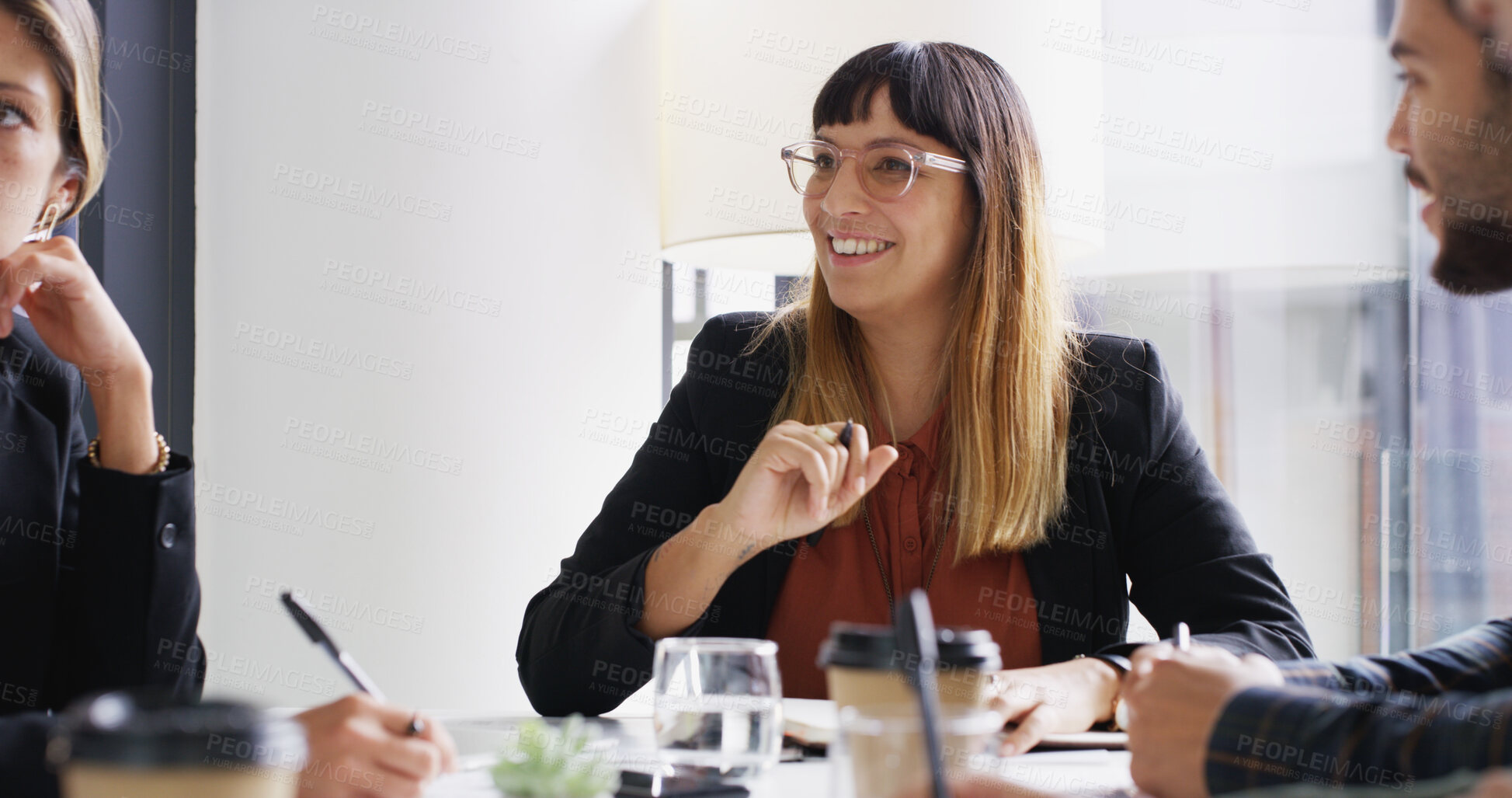 Buy stock photo Meeting, advice and business woman in office for audit, planning and budget report. Account feedback, quarterly assessment and financial consultant with people n agency for investor review together
