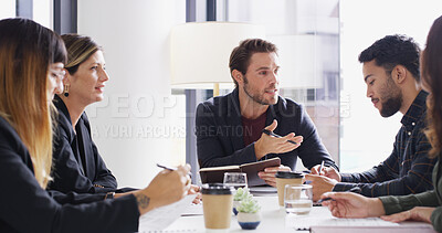 Buy stock photo Meeting, planning and business man in office for audit, discussion and budget report. Account feedback, quarterly assessment and financial consultant with people n agency for investor review