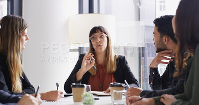 Buy stock photo Business people, meeting and woman in office, conversation and planning for magazine publication. Group, employees and journalists in workplace, discussion and brainstorming for article and editor