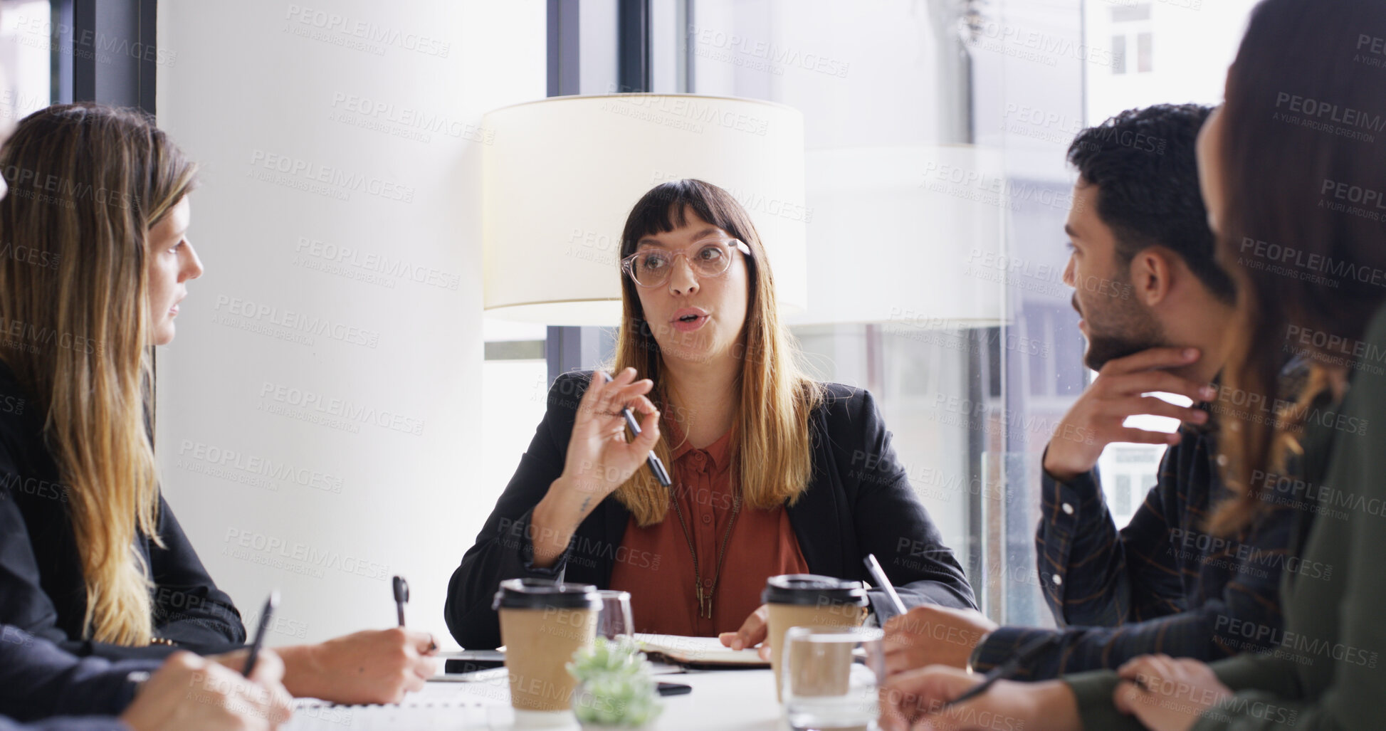 Buy stock photo Business people, meeting and woman in office, conversation and planning for magazine publication. Group, employees and journalists in workplace, discussion and brainstorming for article and editor