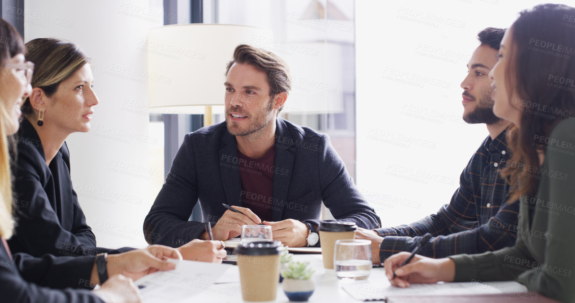 Buy stock photo Meeting, business people and discussion with team for idea, brainstorming strategy or financial planning. Office, group and conversation with manager for investment proposal, budget and collaboration